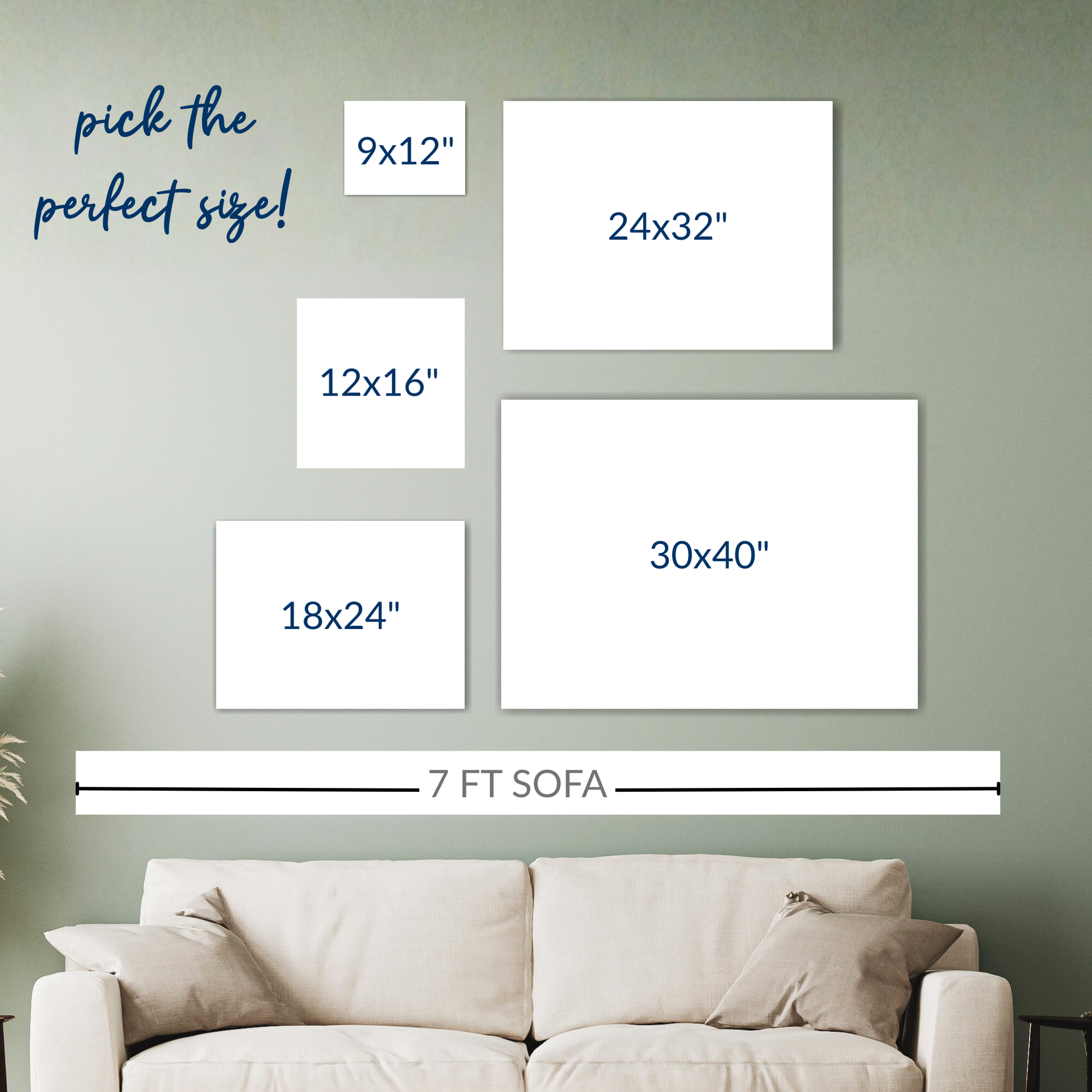 Wall art size guide showing five different canvas sizes (9x12", 12x16", 18x24", 24x32", and 30x40") displayed on a wall above a standard 7-foot sofa to demonstrate relative scale. The header text reads "pick the perfect size!"
