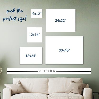 Wall art size guide showing five different canvas sizes (9x12", 12x16", 18x24", 24x32", and 30x40") displayed on a wall above a standard 7-foot sofa to demonstrate relative scale. The header text reads "pick the perfect size!"
