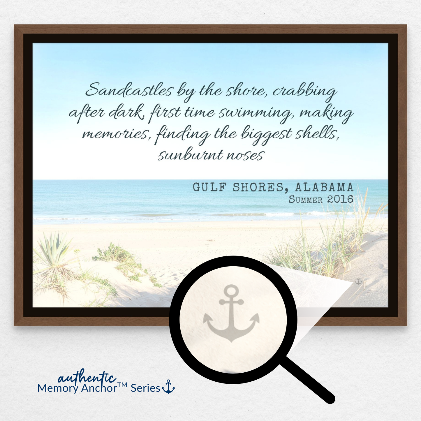 A framed canvas print with memory from Gulf Shores, Alabama. A magnifying glass graphic zooms in on the bottom right corner of the art to reveal a subtle, hidden anchor icon within the sand design. The graphic is labeled "Authentic Memory Anchor™ Series" with the tagline "So your best beach memories never fade."
