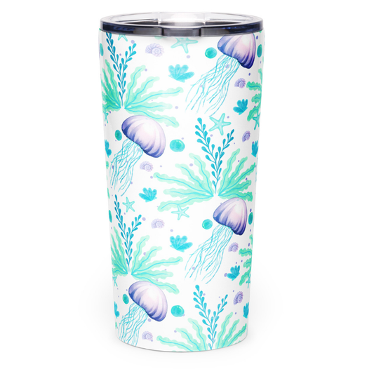 Jellyfish design 20 oz tumbler on a white background, featuring teal, aqua, and purple coastal artwork.