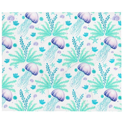 Jelly Drift Aqua & Lavender Throw Blanket 50x60 — coastal throw blanket with jellyfish design on white background
