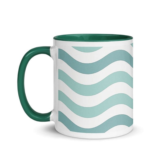 Ocean wave pattern coffee mug with green handle and interior, featuring teal and white wavy stripes on ceramic drinkware