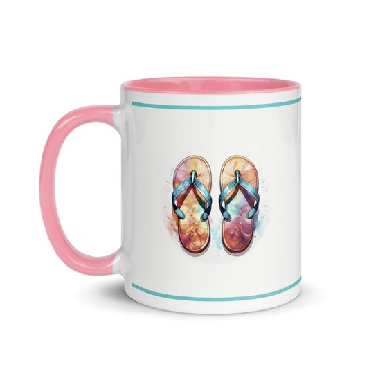 Colorful flip flop sandals coffee mug with pink handle, watercolor beach footwear design on white ceramic cup