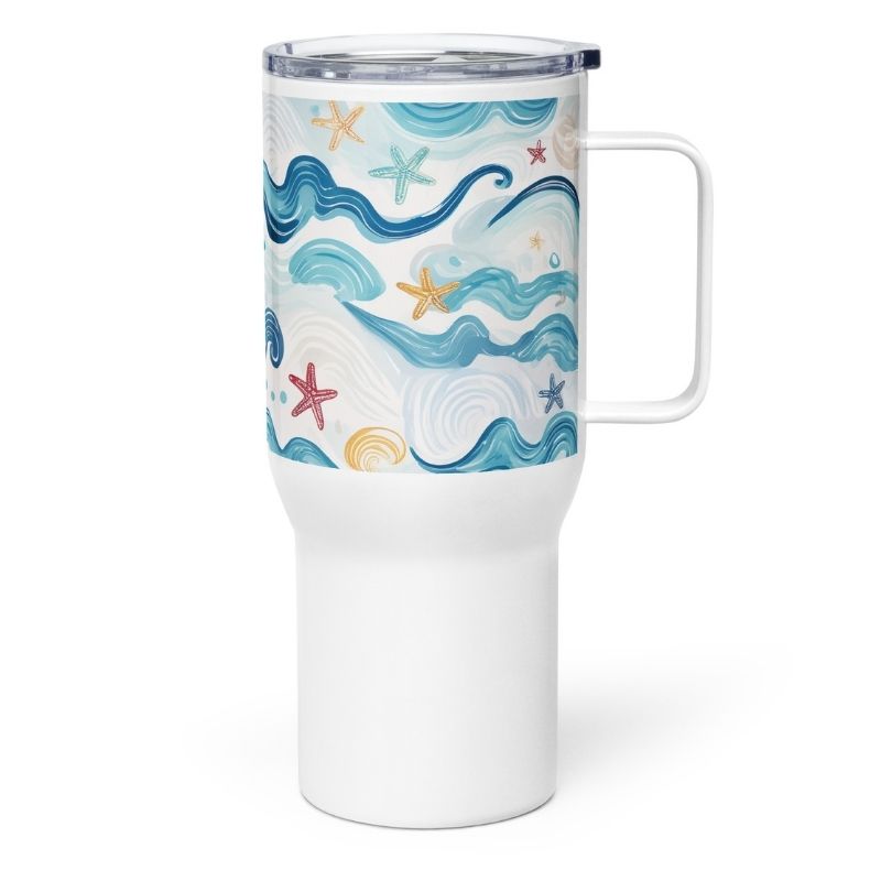 A 25 oz tumbler with a blue curvy wave design will be your favorite travel mug: great as a coffee tumbler or a cup for your favorite iced soda or tea.
