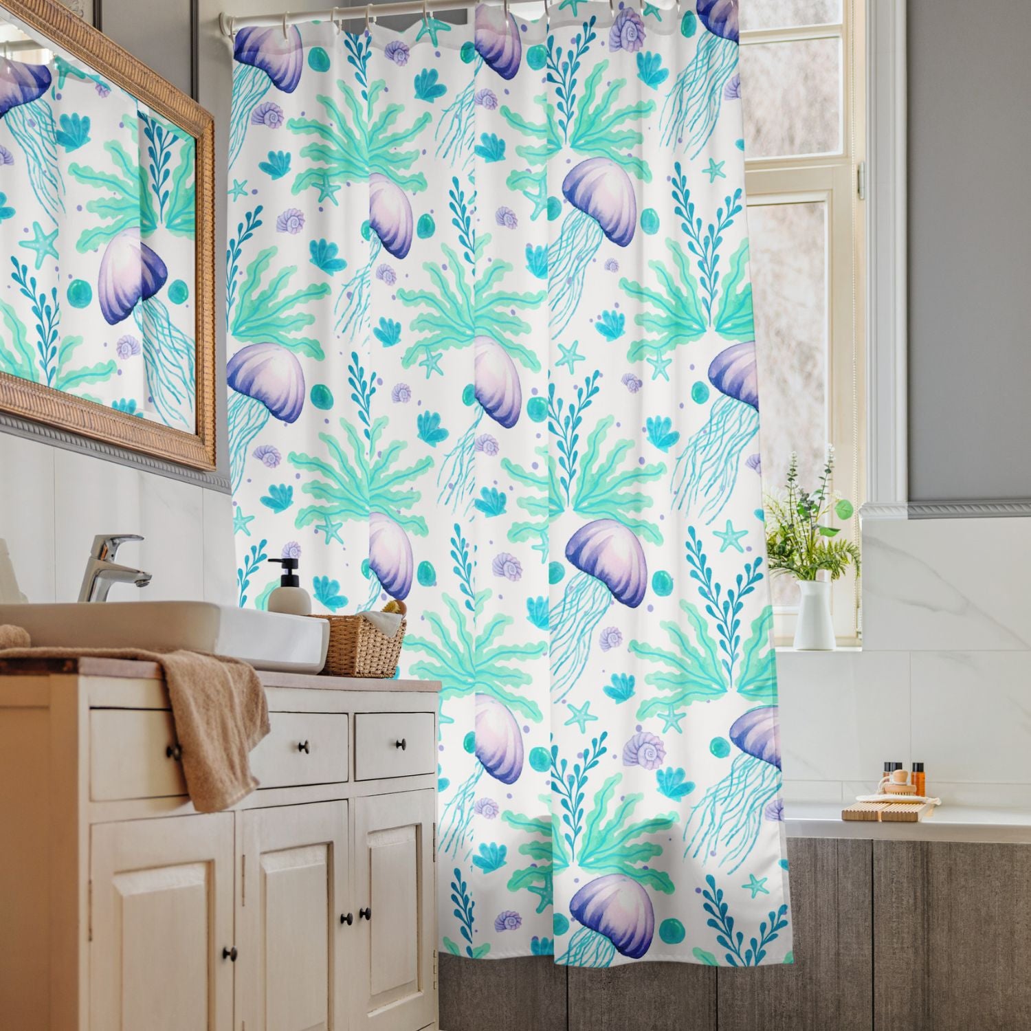 Beach shower curtain in bathroom — Coastal shower curtain styled in a light and airy bathroom setting.
