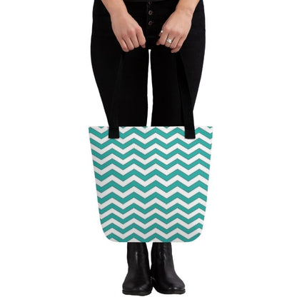 Teal Chevron Polyester Tote Bag, Medium, Washable