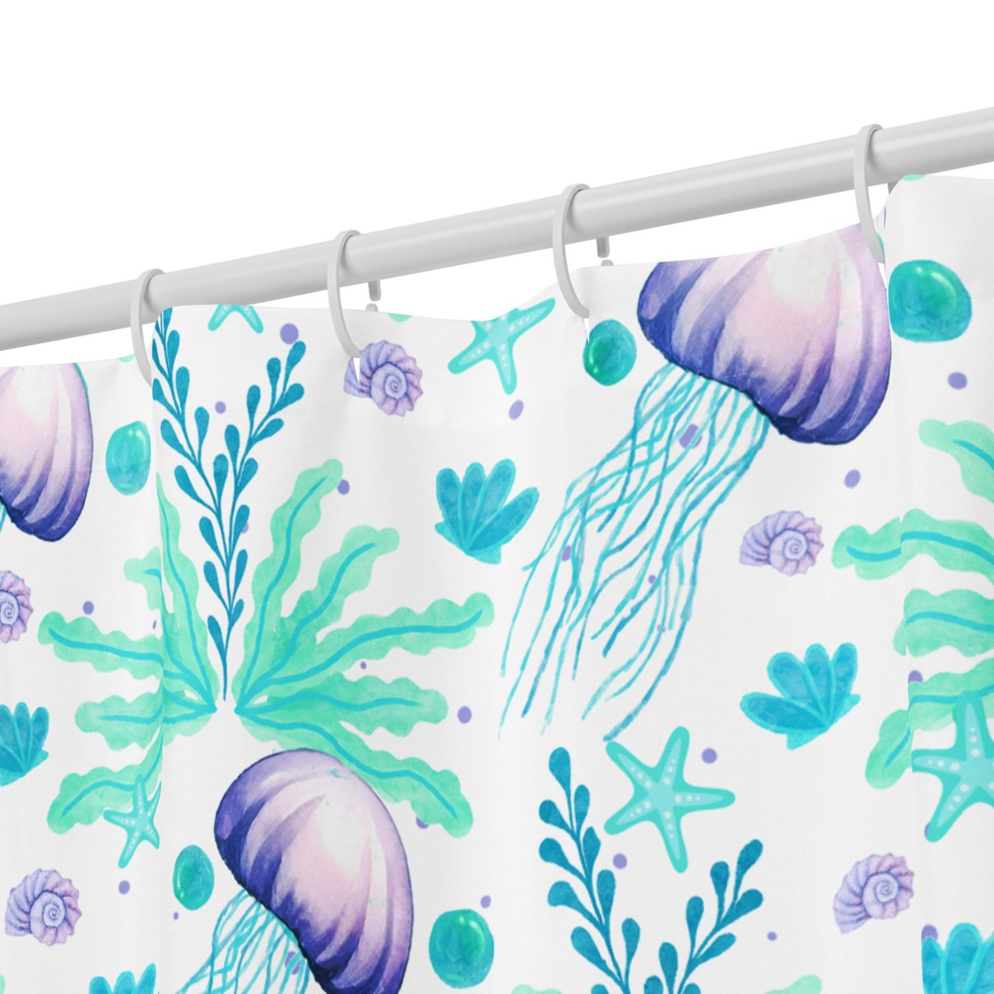 Close-up of jellyfish design — Shower curtain with jellyfish details, a cute coastal pattern.
