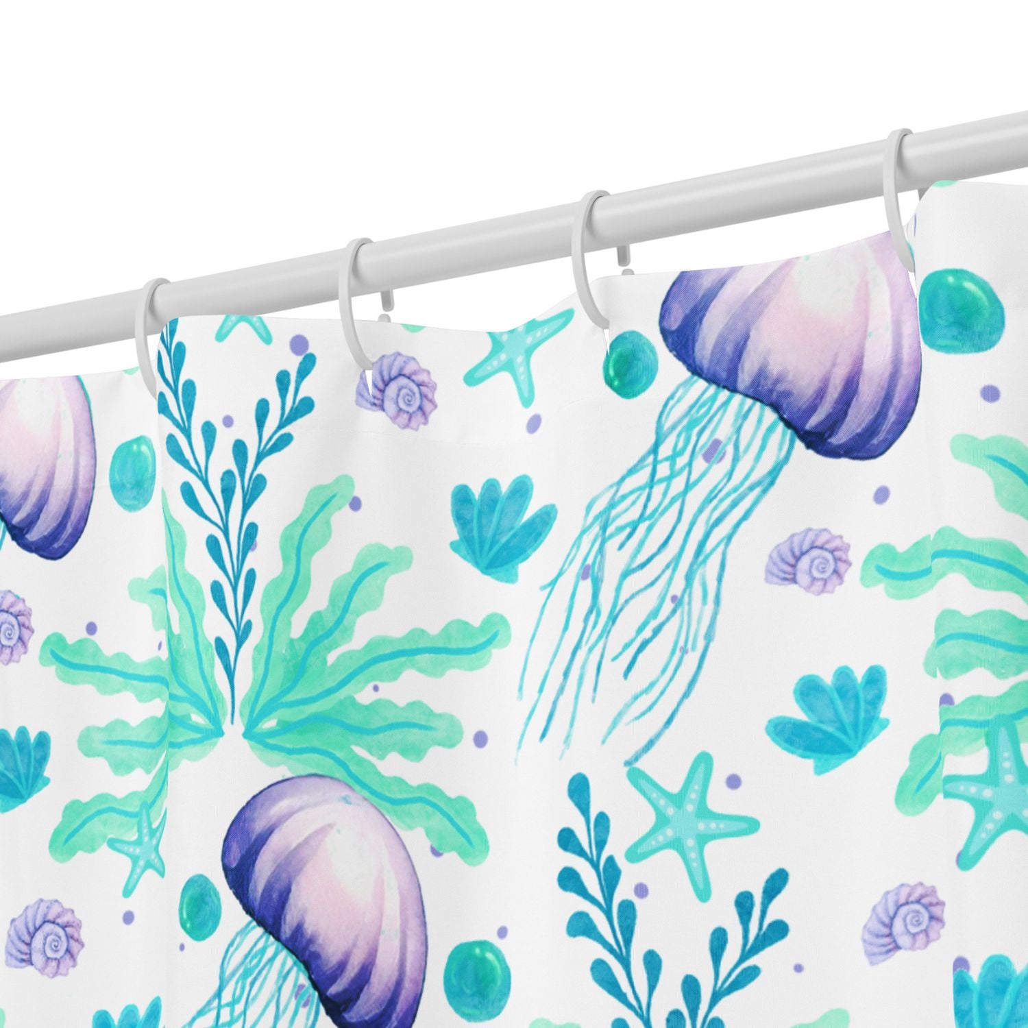Close-up of jellyfish design — Shower curtain with jellyfish details, a cute coastal pattern.

