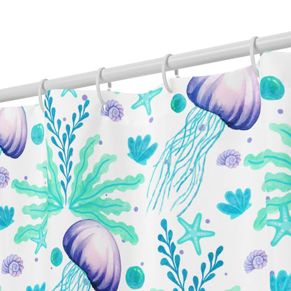 Close-up of jellyfish design — Shower curtain with jellyfish details, a cute coastal pattern.
