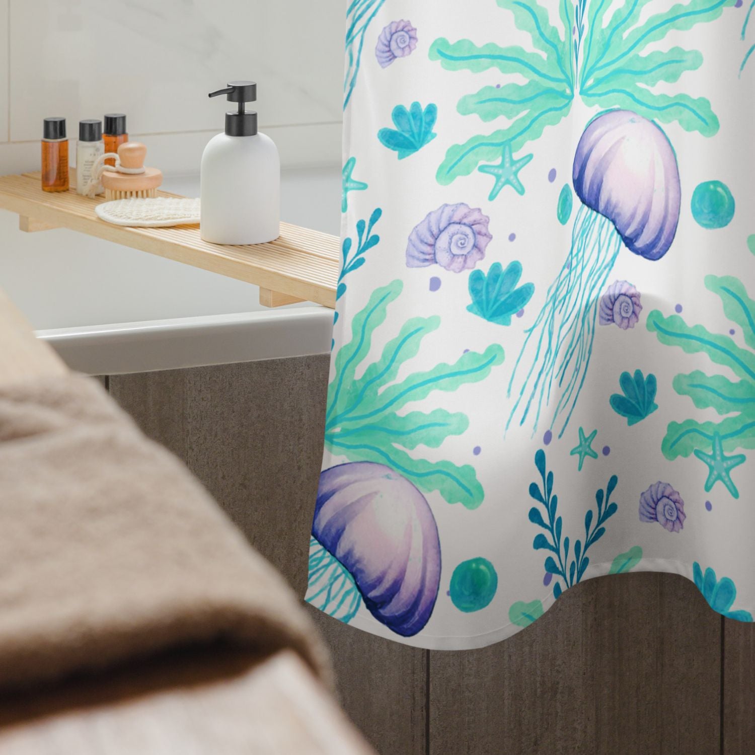 Bottom seam with jellyfish pattern — Beach shower curtain showcasing the full aqua and lavender jellyfish print.




