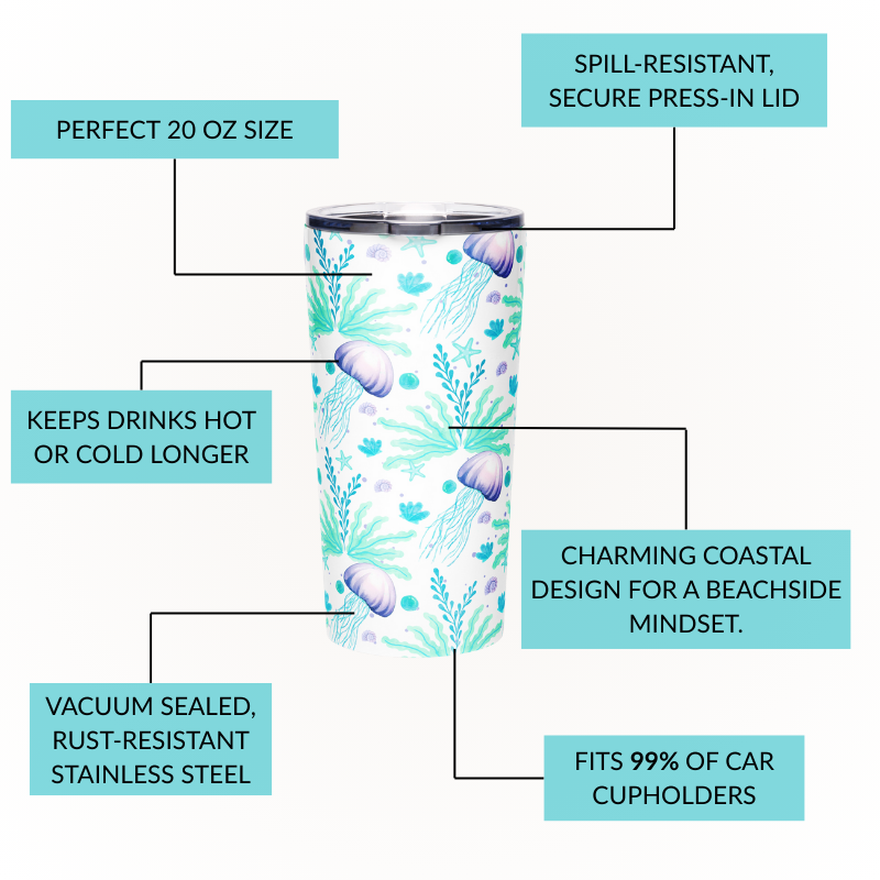 20oz stainless steel mug with charming coastal design, keeps drinks hot or cold, vacuum sealed, rust resistant