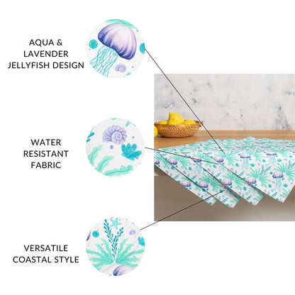 Set of 4 beach themed placemats with jellyfish design on a table, with text: water resistance, coastal style, aqua and lavender design