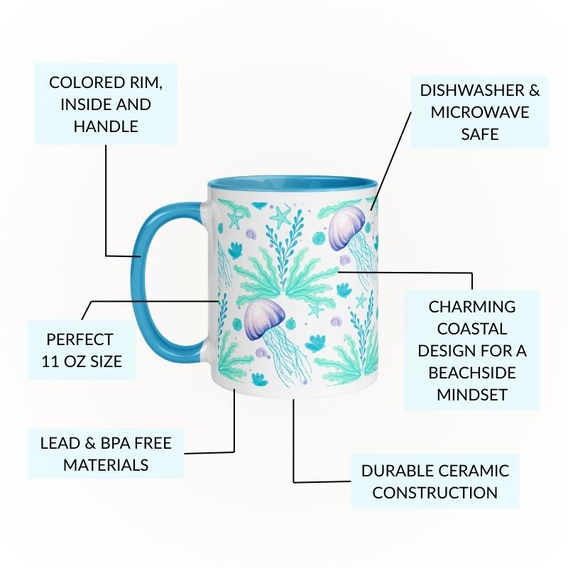 beach mug with coastal design, durable ceramic construction
