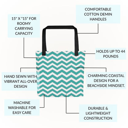 Teal Chevron Polyester Tote Bag, Medium, Washable