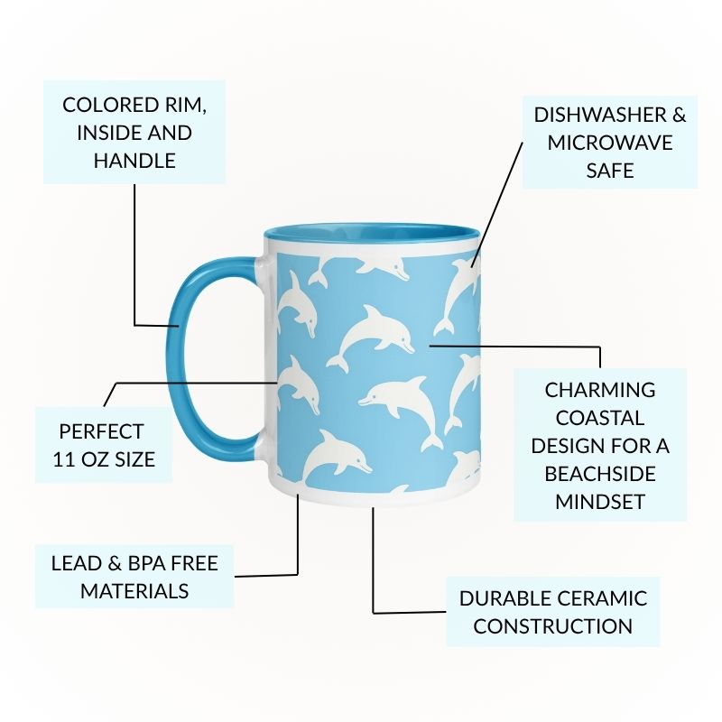 coffee mug with text, colored rim, inside and handle, perfect 11 oz side, charming coastal design for a beachside mindset