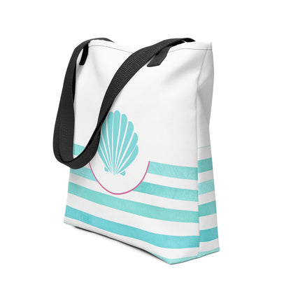 Infographic image showing features of the teal tote, including machine washable fabric, lightweight yet durable build, and 44 lb weight capacity.
