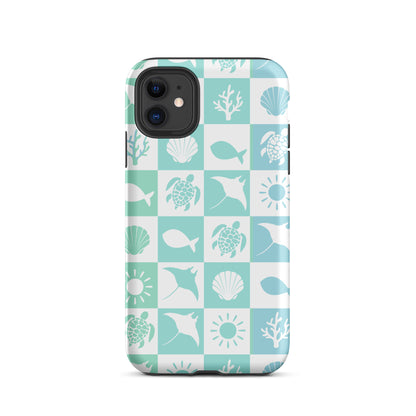 coastal phone case with sea icons in soft aqua and blue
