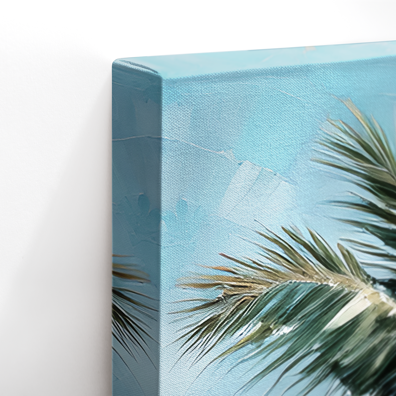 Close-up of gallery-wrapped edge showing beach wall art on canvas with fade-resistant texture
