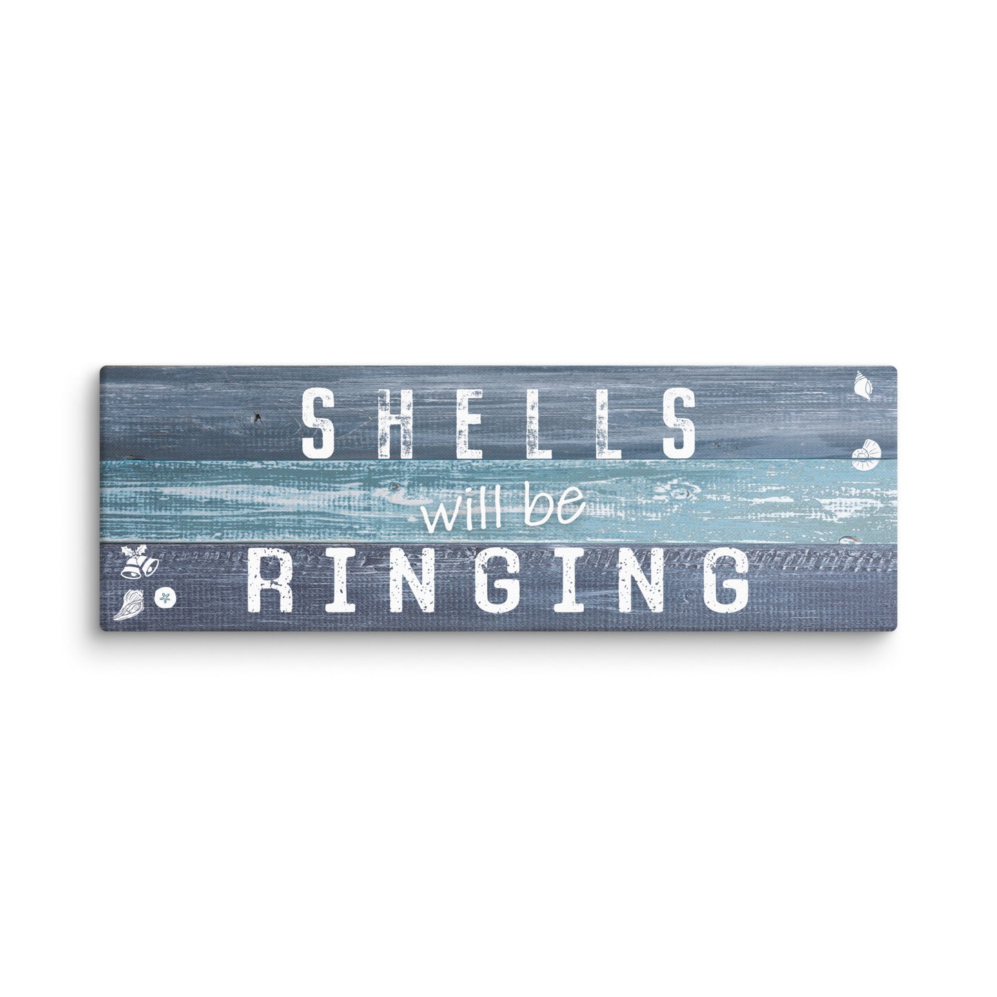 ocean-inspired Christmas beach canvas SHELLS WILL BE RINGING. The Christmas beach theme canvas shows text saying "Shells will be ringing".