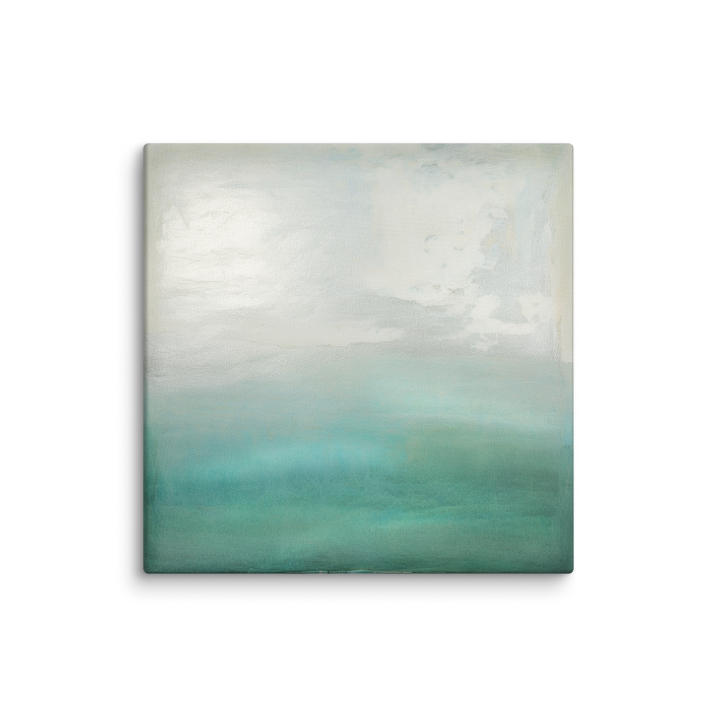 green coastal art canvas QUIET TIDE. The calming art work shows a green, gray and white abstract design.
