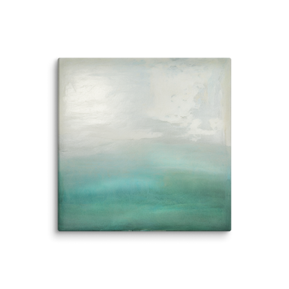 green coastal art canvas QUIET TIDE. The calming art work shows a green, gray and white abstract design.
