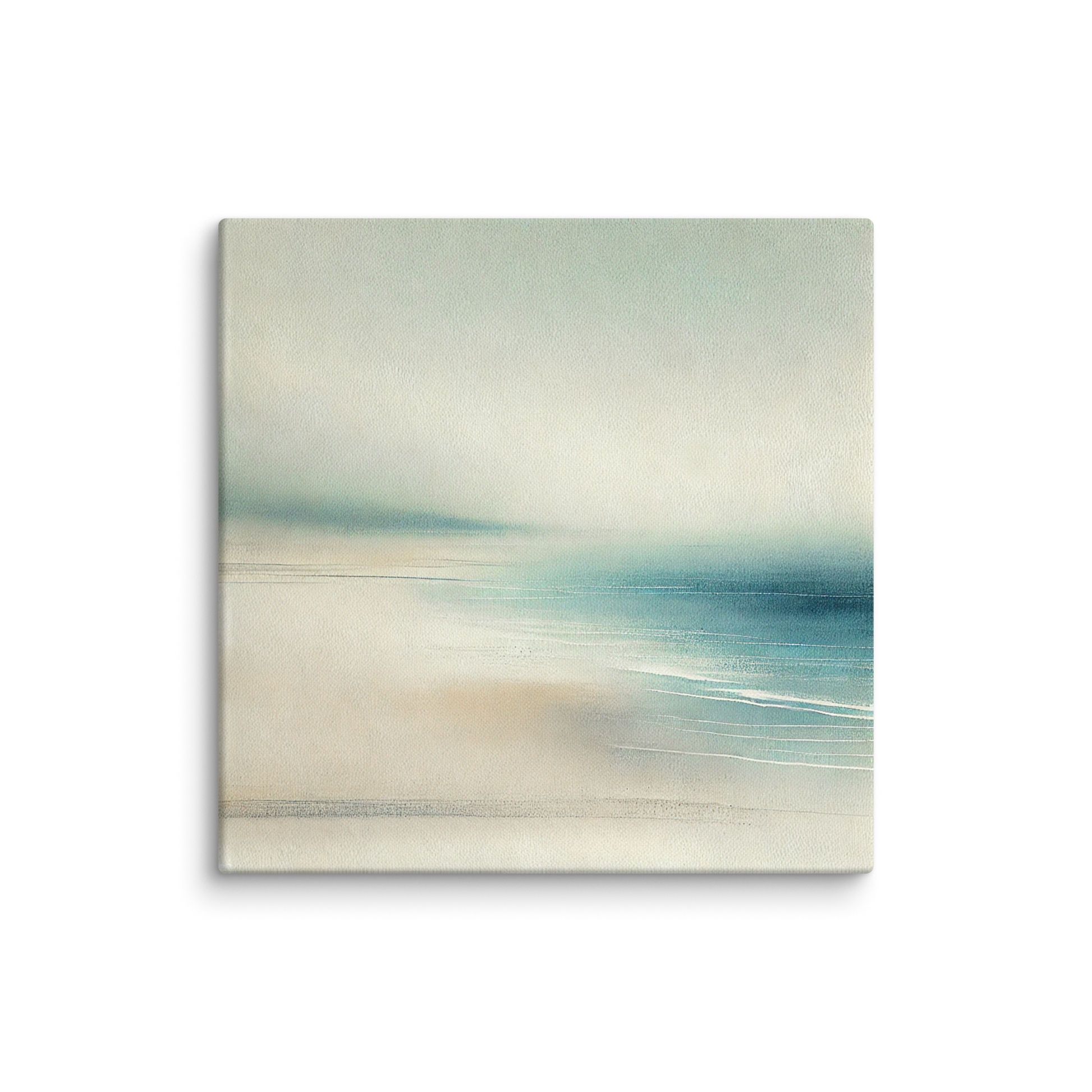 ocean-inspired coastal artwork HAPPY PLACE. The calming canvas art shows an abstract in coastal colors, cool blues, warm tans and beiges.
