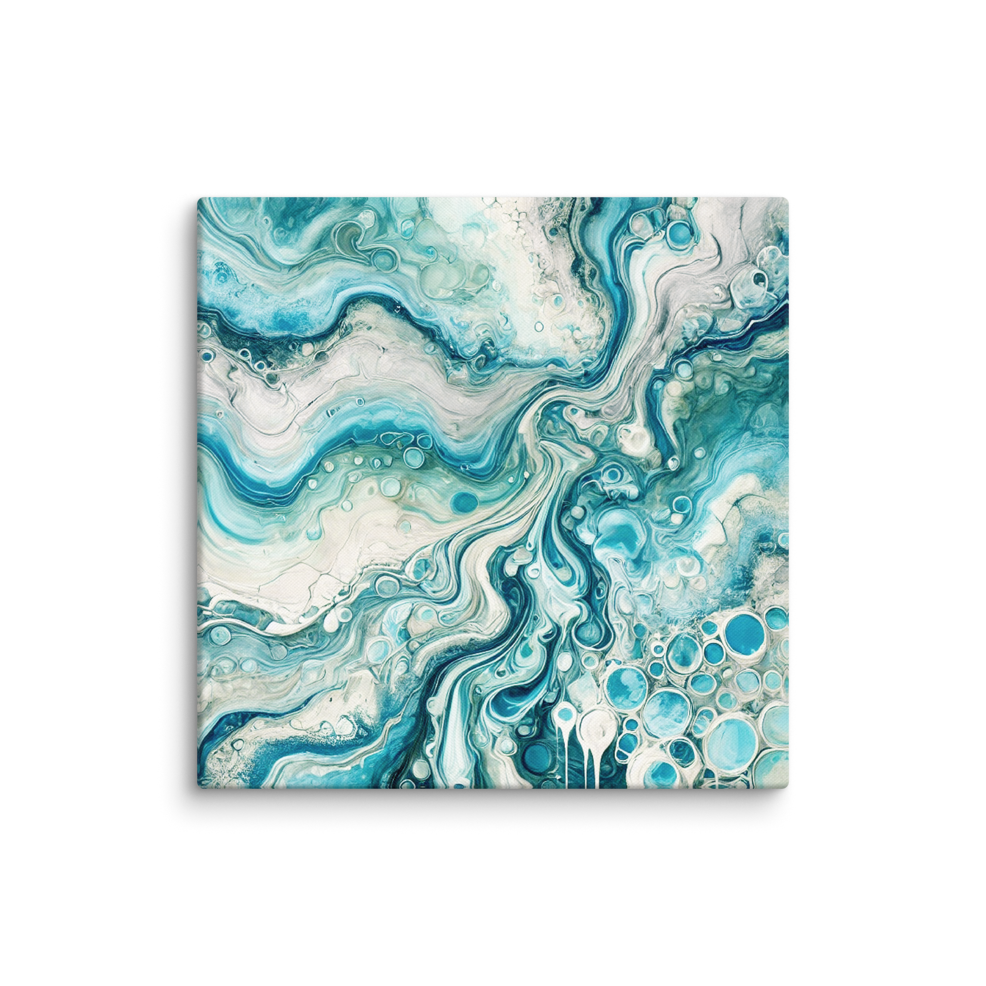 beautiful canvas artwork SEA HUES. The modern coastal canvas shows an abstract design in blue, white, and tan.
