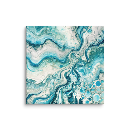 beautiful canvas artwork SEA HUES. The modern coastal canvas shows an abstract design in blue, white, and tan.
