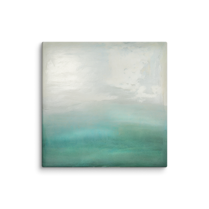 green coastal canvas QUIET TIDE. The calming art work shows a green, gray and white abstract design.
