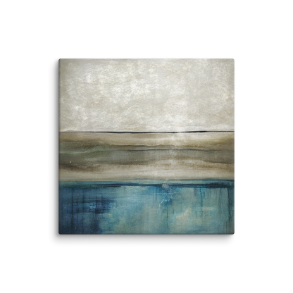 coastal wall artwork COASTAL HUSH. The modern abstract coastal art shows abstract coastal art in blues and tans.
