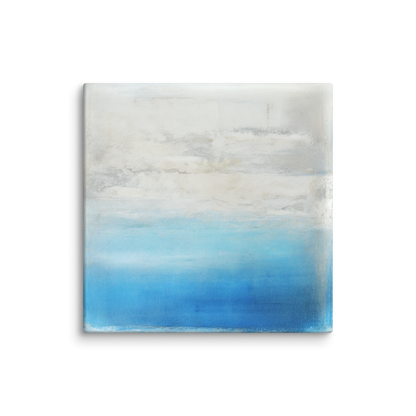 blue ocean wall art canvas COOL WATER. The coastal artwork shows a blue, gray and white abstract design.
