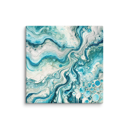 beautiful abstract canvas art SEA HUES. The modern coastal canvas shows an abstract design in blue, white, and tan.
