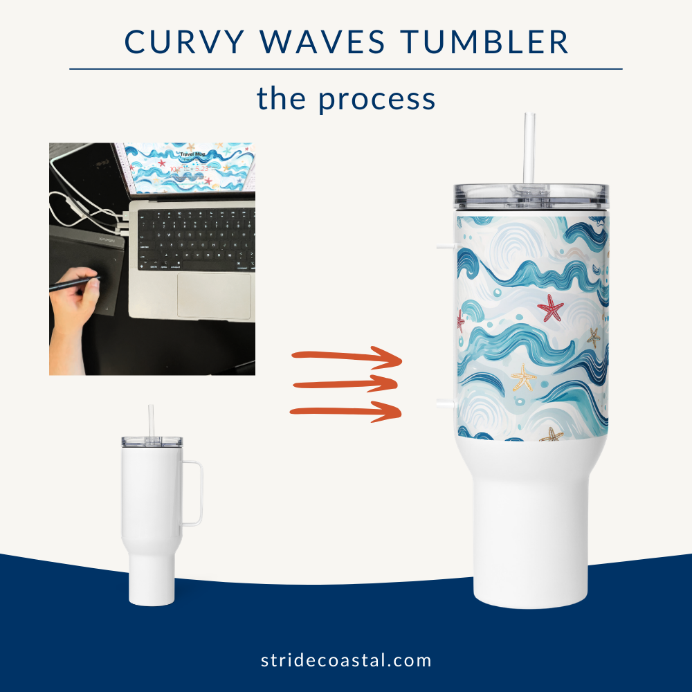 Curvy waves tumbler design process with laptop and tumbler on a white background