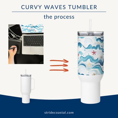 Curvy waves tumbler design process with laptop and tumbler on a white background