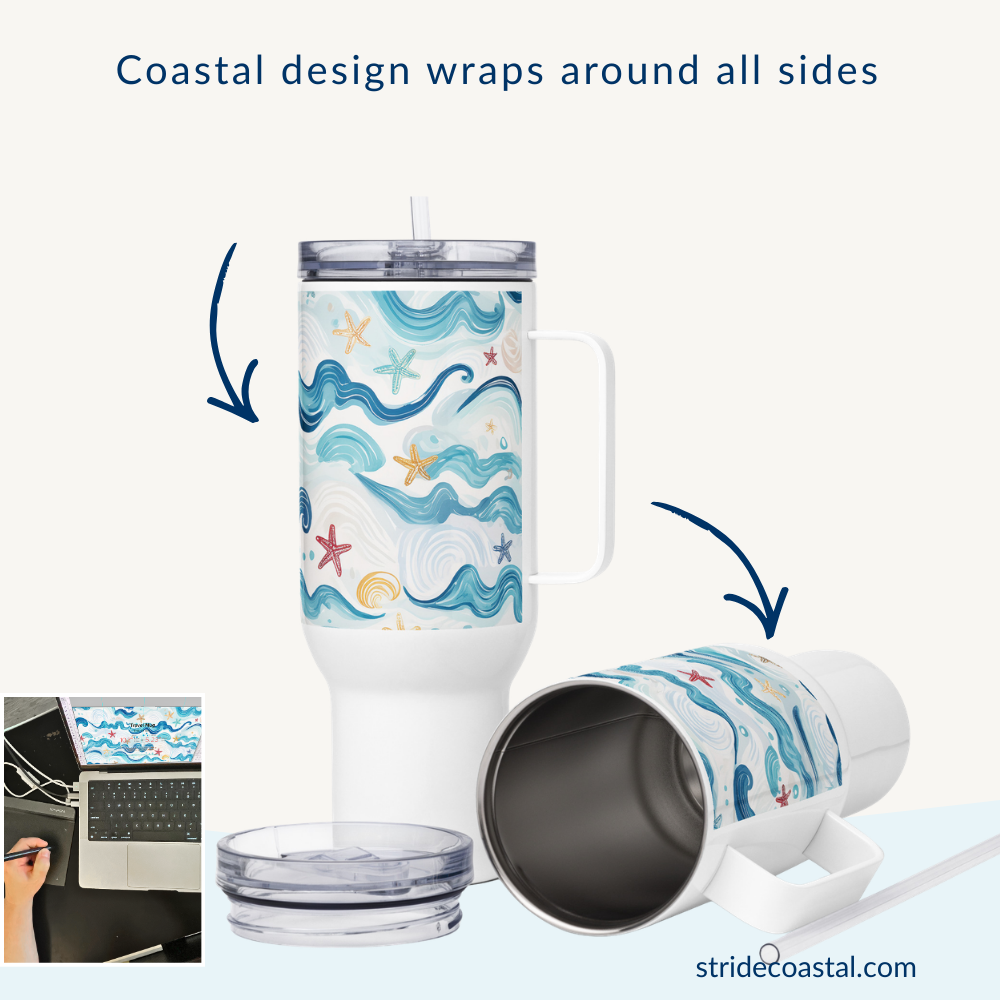Insulated tumbler with coastal design on a white background