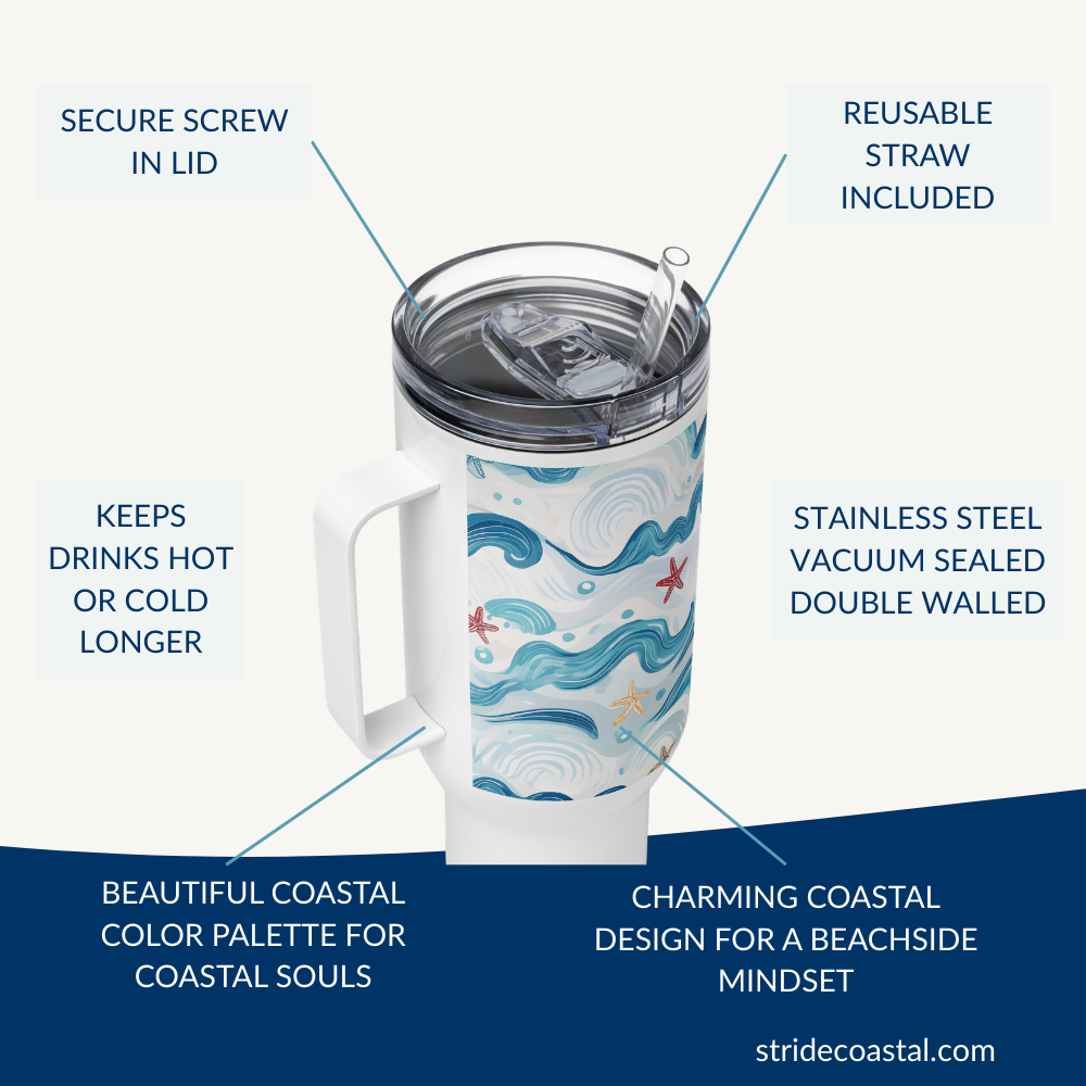 Tumbler with coastal design and features highlighted on a white background