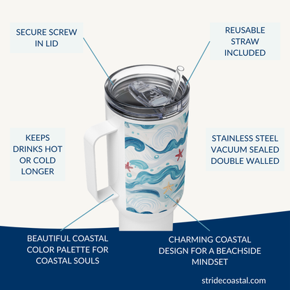 Tumbler with coastal design and features highlighted on a white background