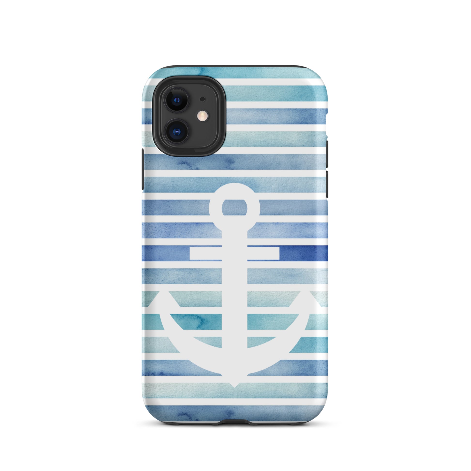 coastal phone case with white anchor on blue watercolor stripes
