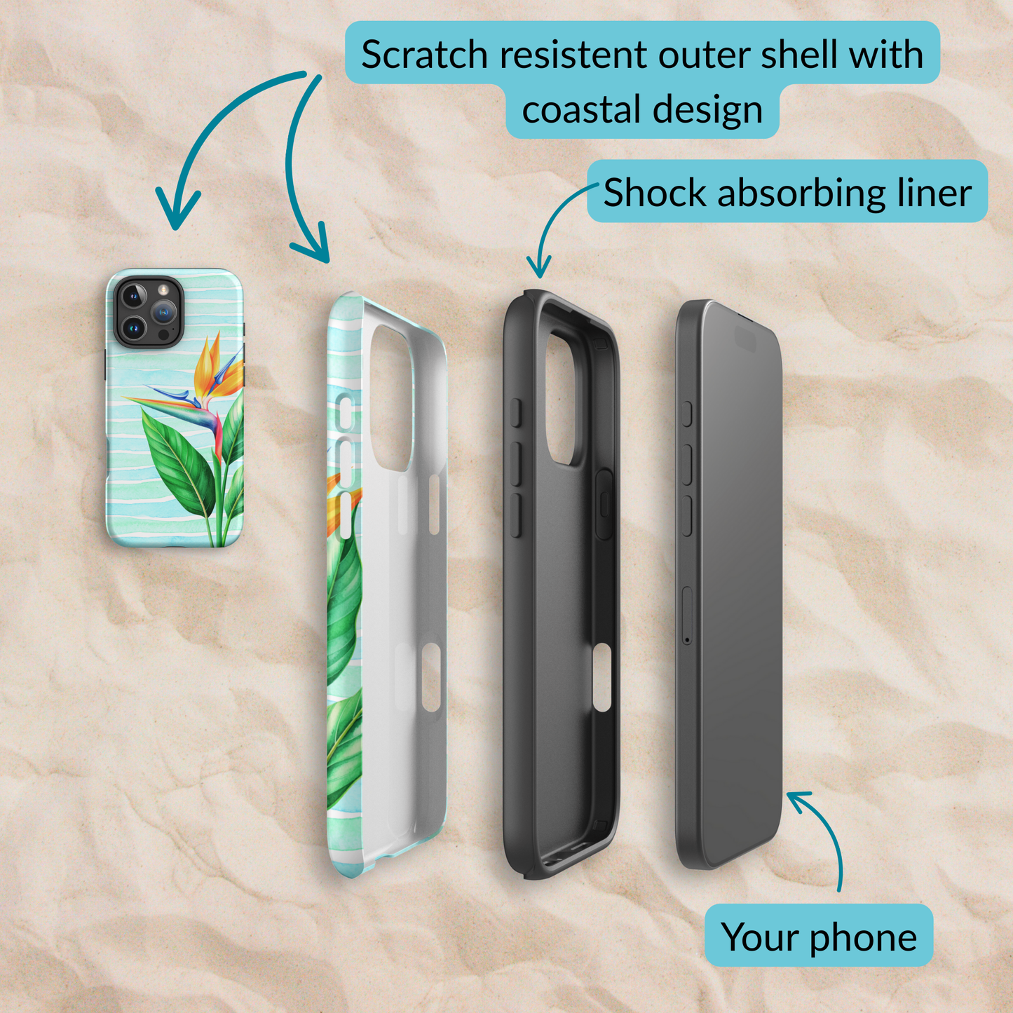 Exploded view of the coastal iPhone case layers, featuring a scratch-resistant outer shell with Island Bloom coastal design, a shock-absorbing liner, and space for your phone.