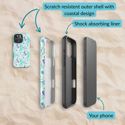 Exploded view of the coastal iPhone case layers, featuring a scratch-resistant outer shell with Jelly Drift design, a shock-absorbing liner, and space for your phone.