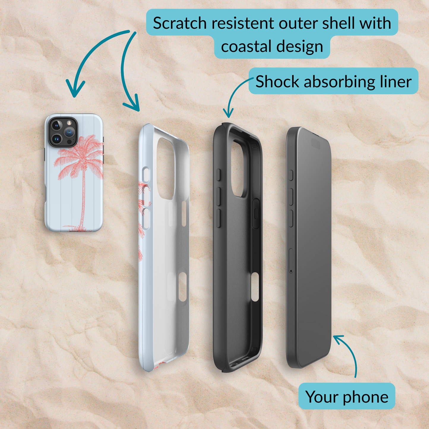 Exploded view of the coastal phone case layers, showing the scratch-resistant outer shell with palm design, shock-absorbing liner, and space for your phone.