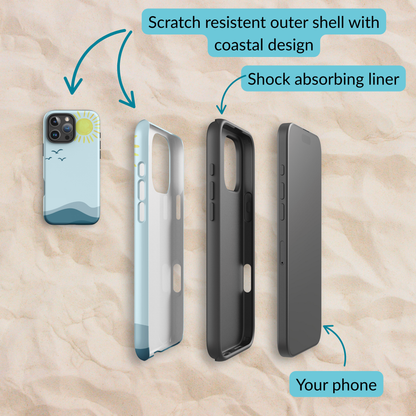 Exploded view of the coastal phone case layers, featuring a scratch-resistant outer shell with Sea & Sky design, a shock-absorbing liner, and space for your phone.