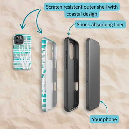 Exploded view of the coastal iPhone case layers, featuring a scratch-resistant outer shell with Sea Kelp coastal design, a shock-absorbing liner, and space for your phone.