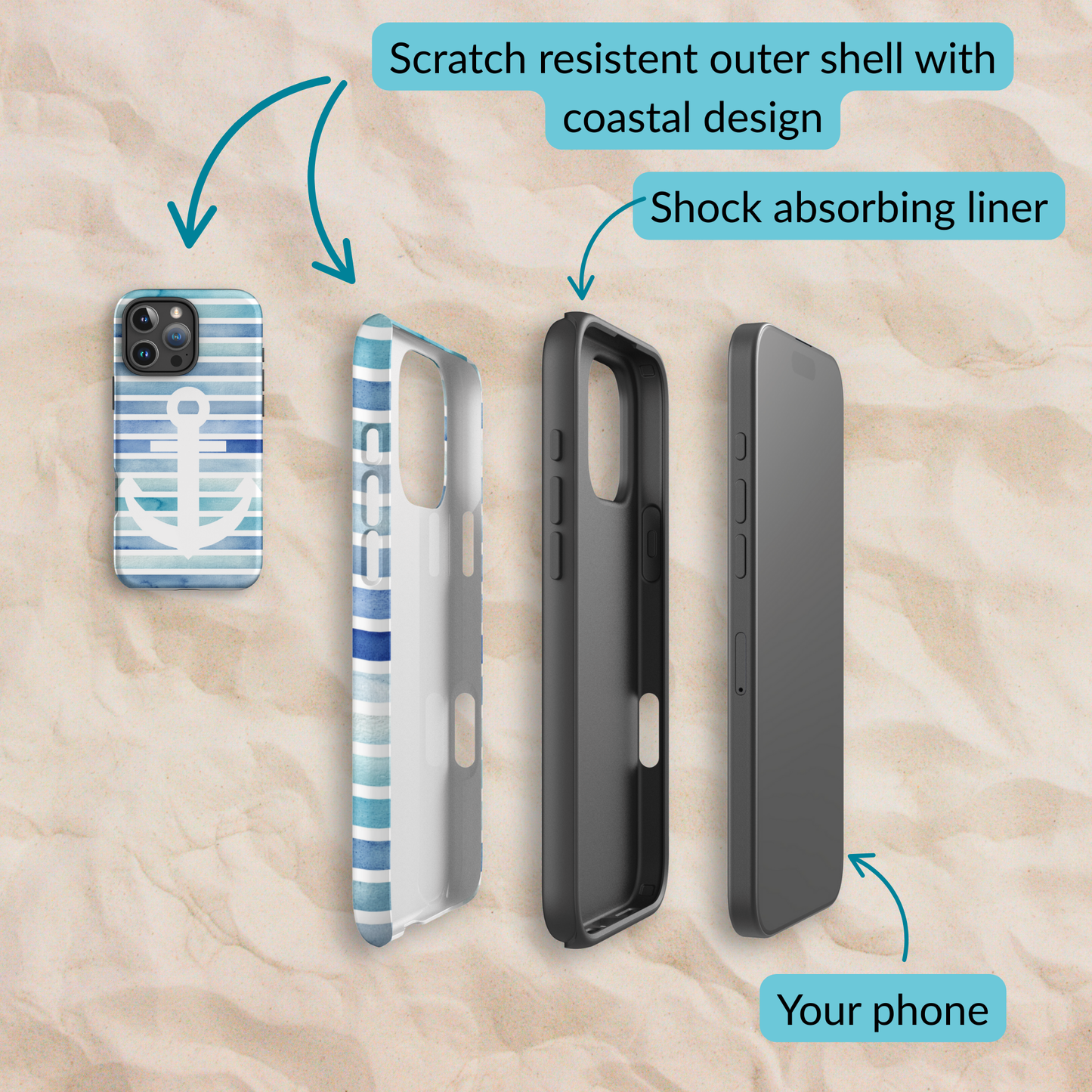 Exploded view of the coastal phone case layers, showing the scratch-resistant outer shell with Starboard anchor design, shock-absorbing liner, and space for your phone.