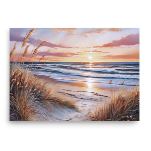 beach art DUNES AT SUNSET. The sand dunes print shows a lovely view of sand dunes at the beach at sunset.
