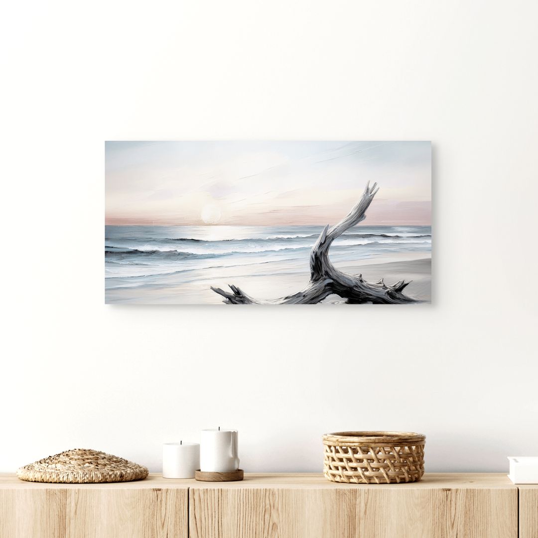 EVENING SHORE Sunset Wall Art on Canvas, Coastal Panoramic