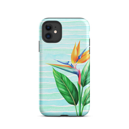 coastal phone case with tropical bird of paradise on aqua stripes
