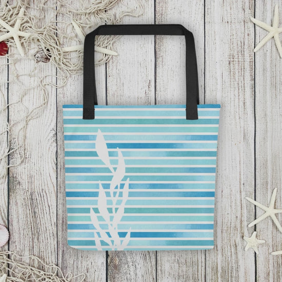 360 video showing front and back of tote bags for women with ocean-blue striped kelp motif.
