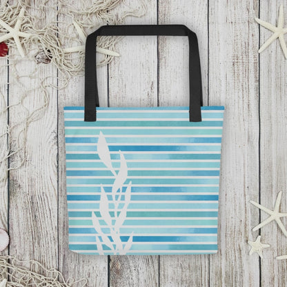 360 video showing front and back of tote bags for women with ocean-blue striped kelp motif.
