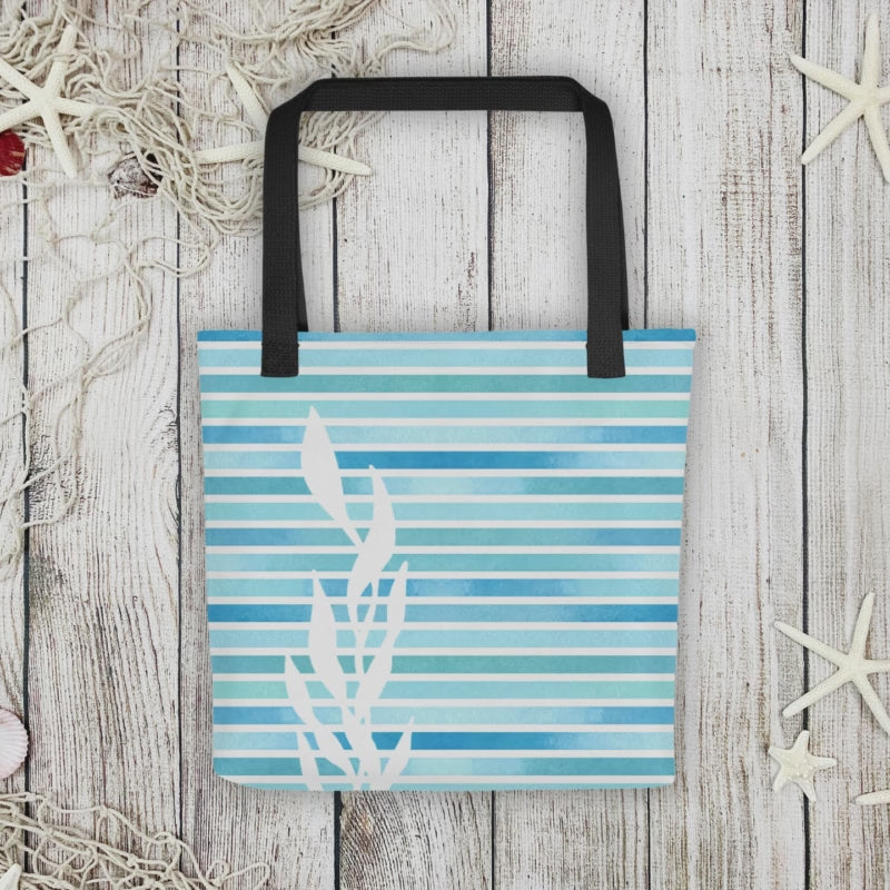 360 video showing front and back of tote bags for women with ocean-blue striped kelp motif.
